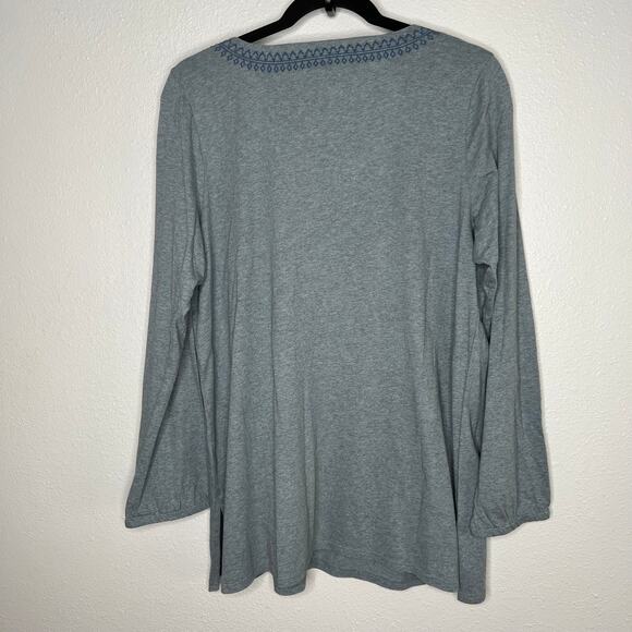 Pure Jill Floral Embroidered V-Neck Tunic Top Gray Pullover Long Sleeve Sz M - Picture 6 of 6